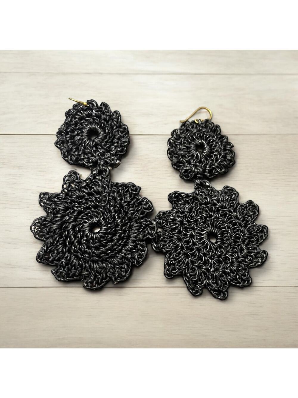 ROLLER RABBIT Macrame Earring Black Hook Crochet Boho Casual NEW
